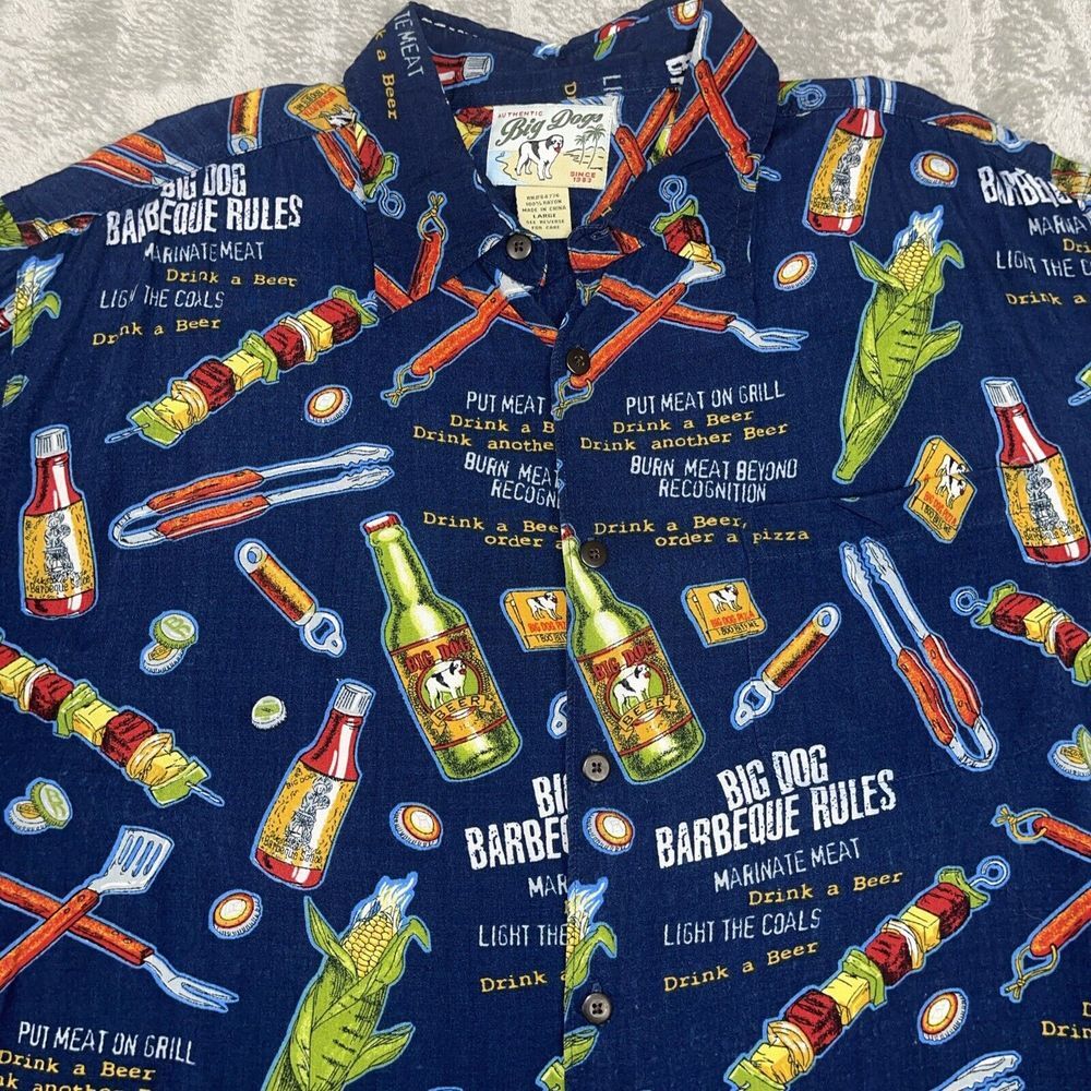 Big Dogs Blue Mens Barbeque Button Front Shirt Large Tropical All Over Print VTG